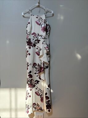 Sweet Storm White Floral Halter Maxi Dress with Pink & Burgundy Roses